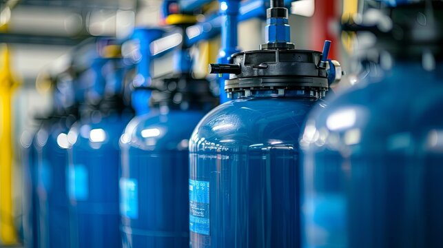 A close-up, shallow depth-of-field view of a long row of identical blue cylindrical water treatment tanks with black tops.